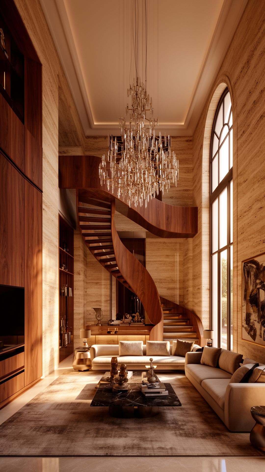 3D interior render of a double-height living room with travertine walls and sculptural staircase