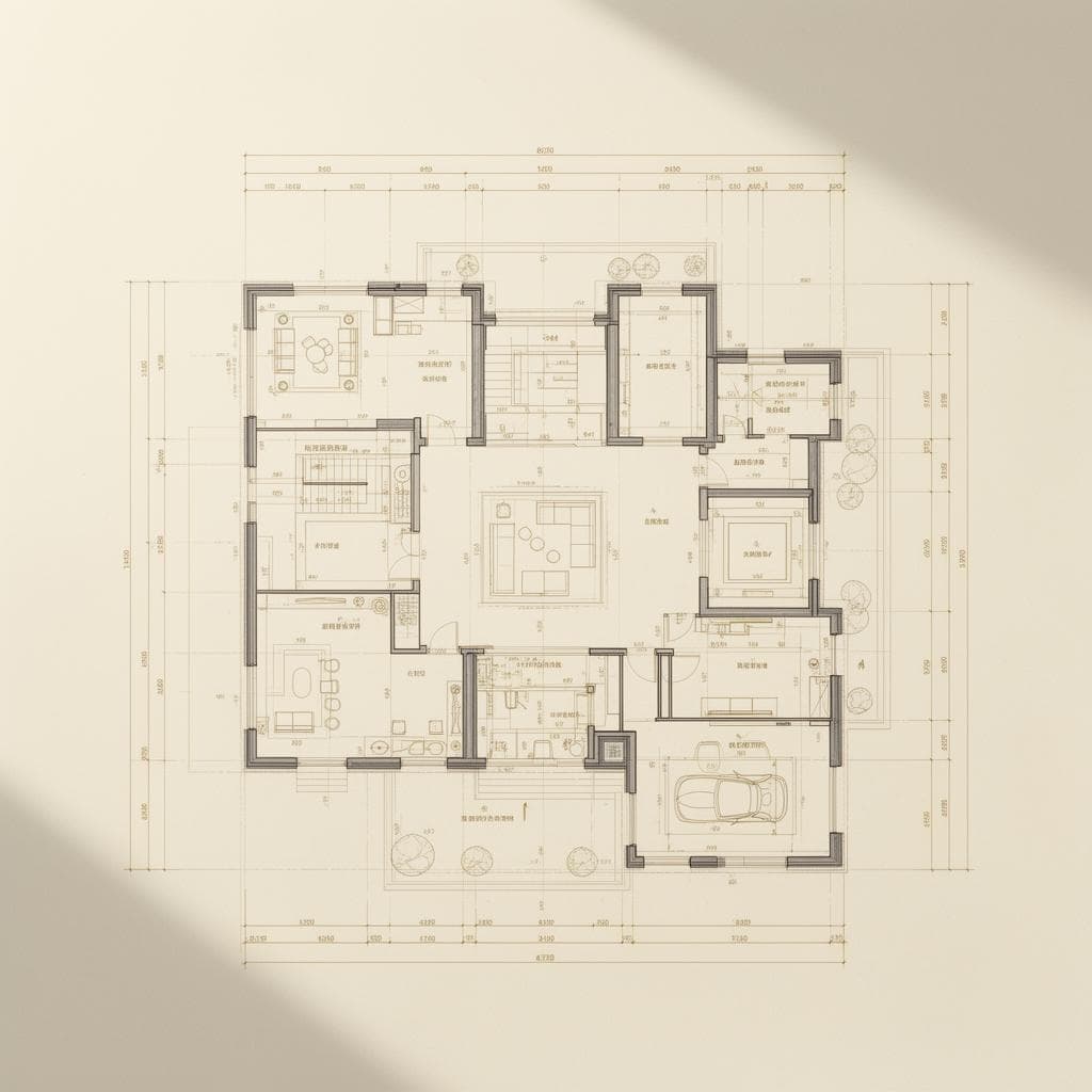 Architectural floor plan in fine charcoal and gold linework