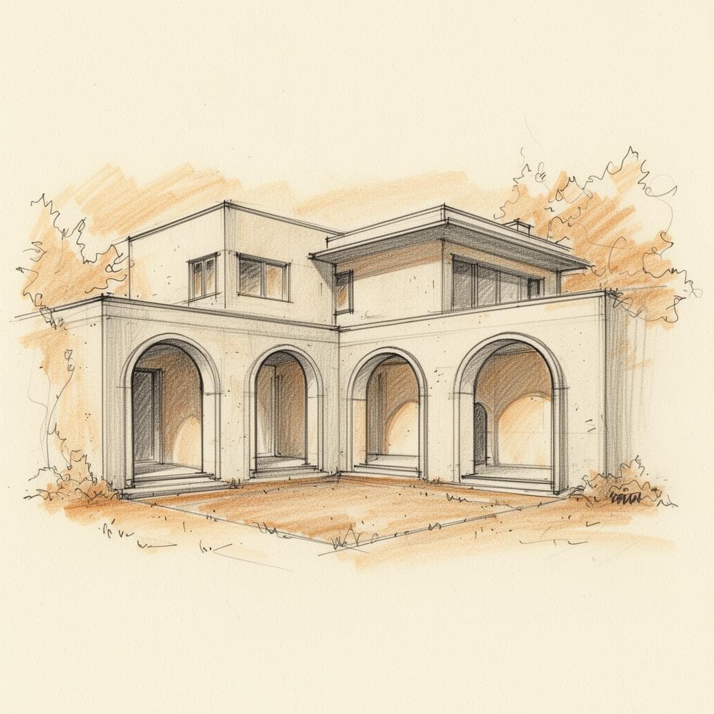 Hand-drawn architectural concept sketch in pencil and sepia wash